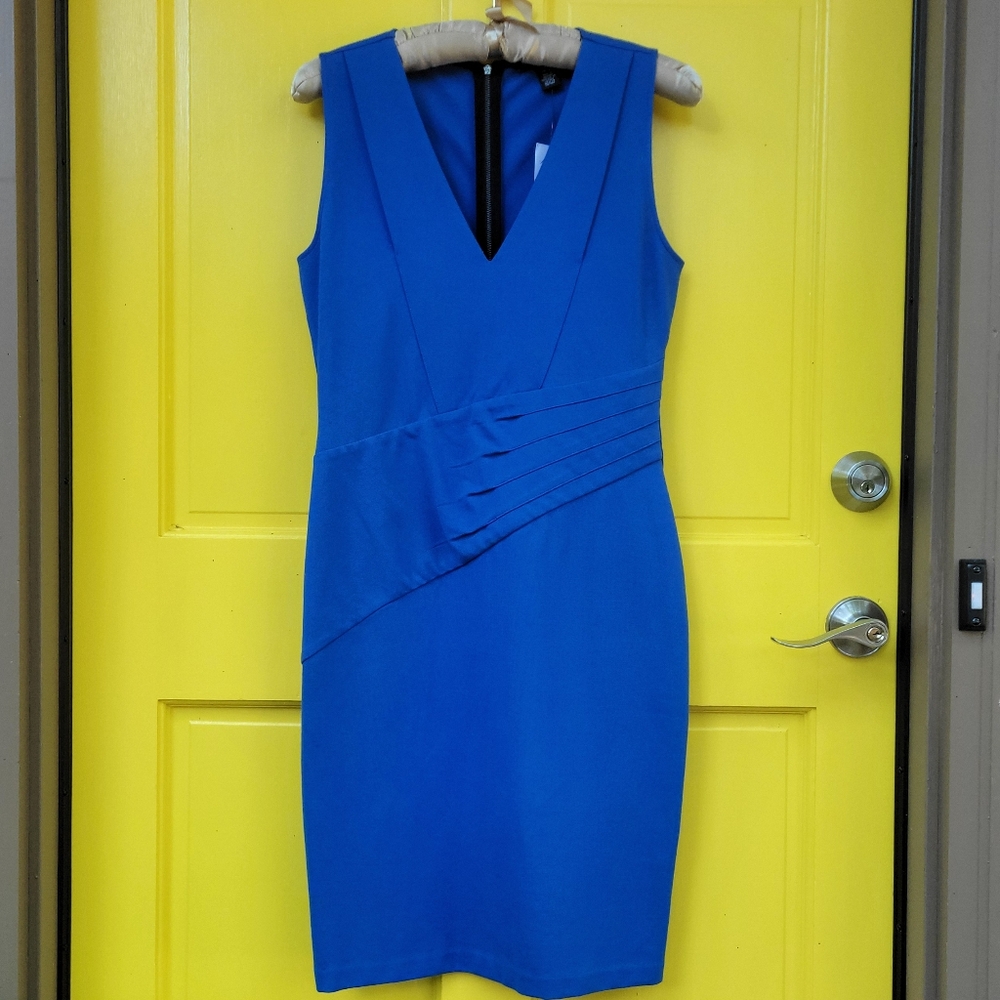 NWT Kenneth Cole Blue Sheath Dress Pleated Waist Size 8